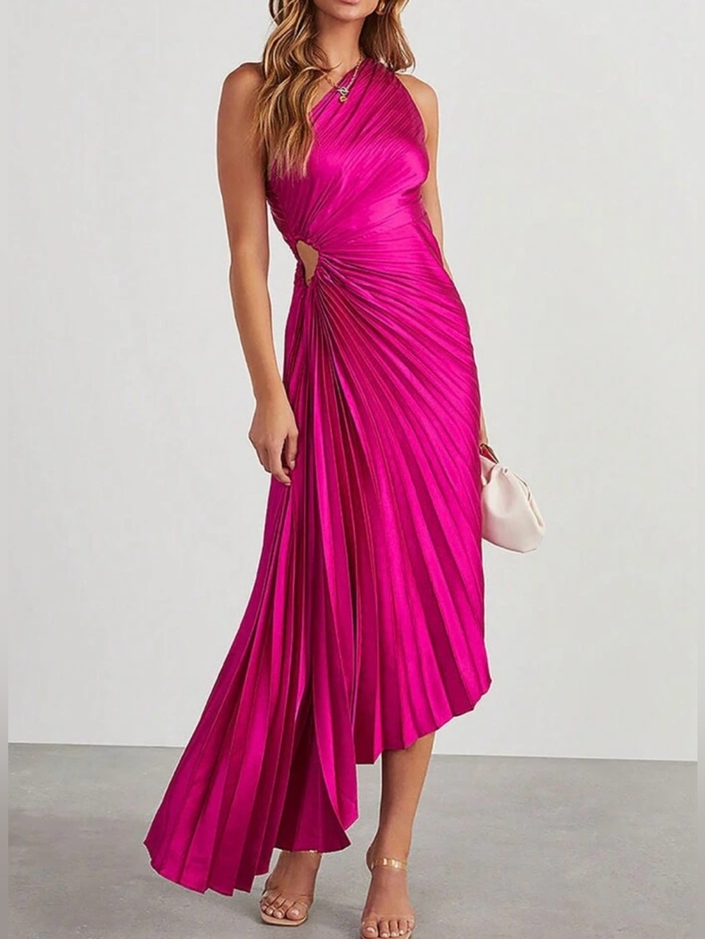Hot Pink Emerald Green Pleated Halter Dress